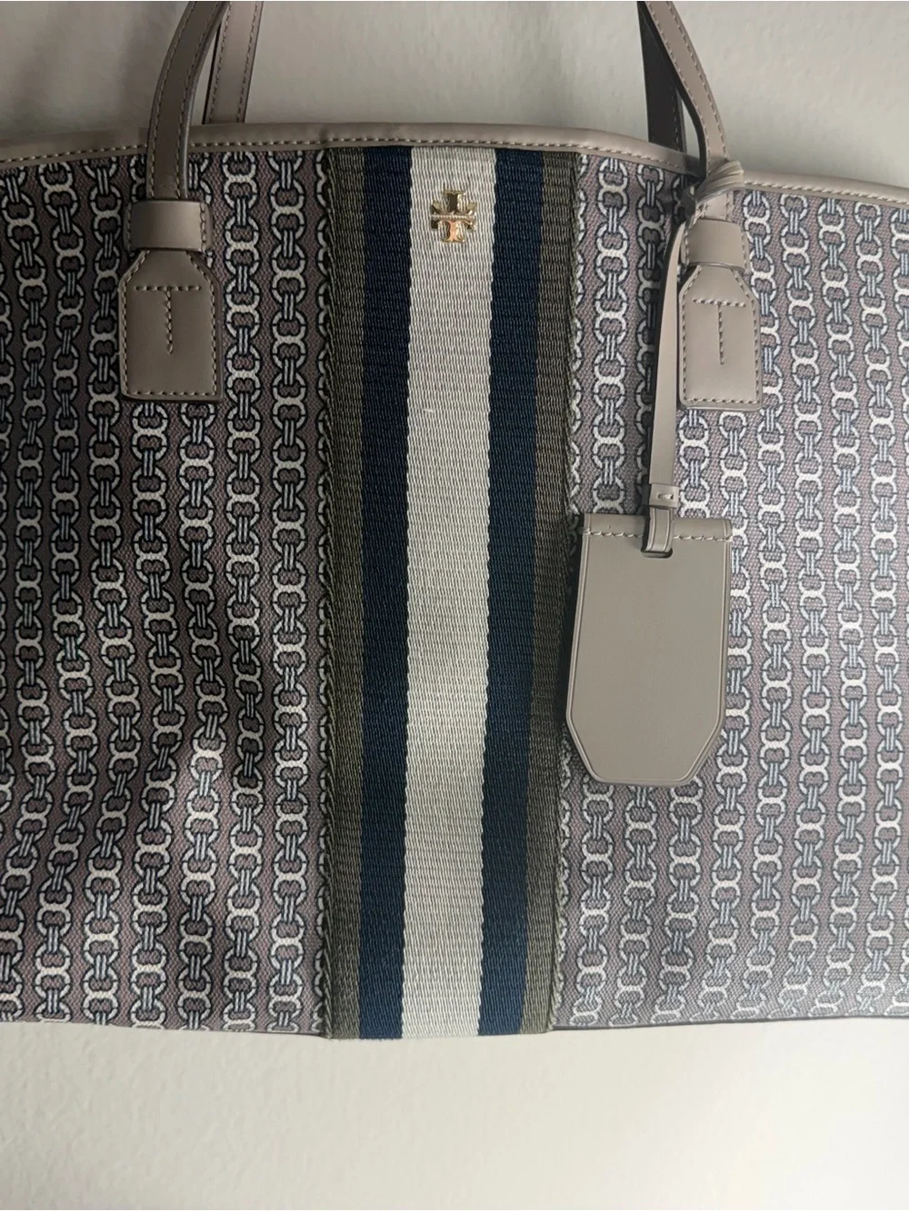 Tory Burch Beige and Navy Striped Logo Tote